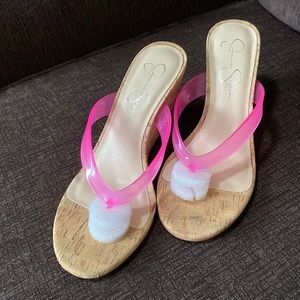 Jessica Simpson tan wedge sandals with bright pink straps. Never worn. 😃